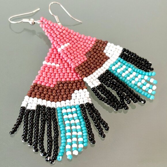 3 1/4"L Contemporary Modern Color Block Seed Bead Hand Beaded Dangle Earrings - Picture 2 of 3
